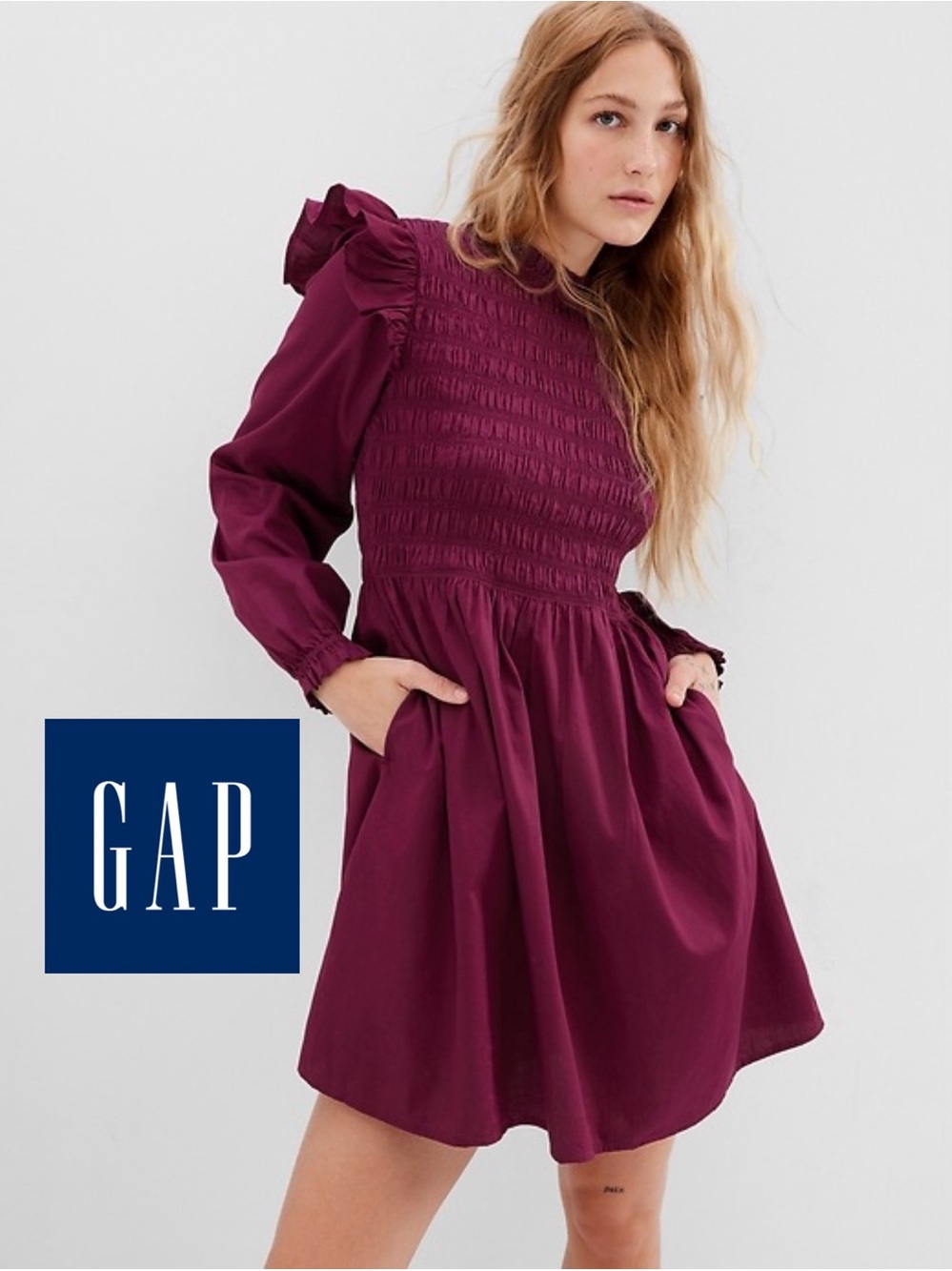 ♥️ GAP Smocked Ruffle Sleeve Dress | Size Medium | Burgundy Long Sleeve Babydoll